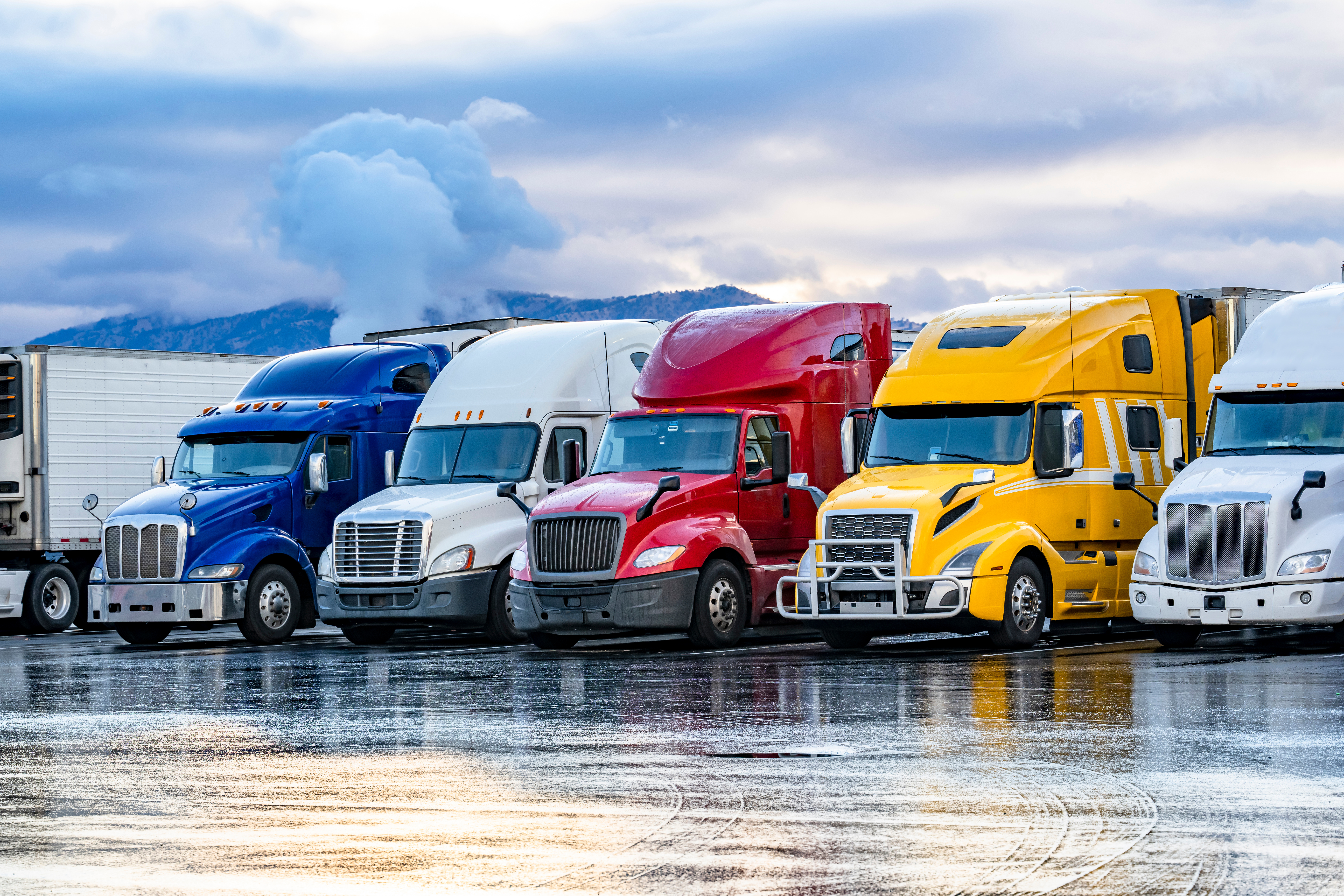 trucks parked in a parking